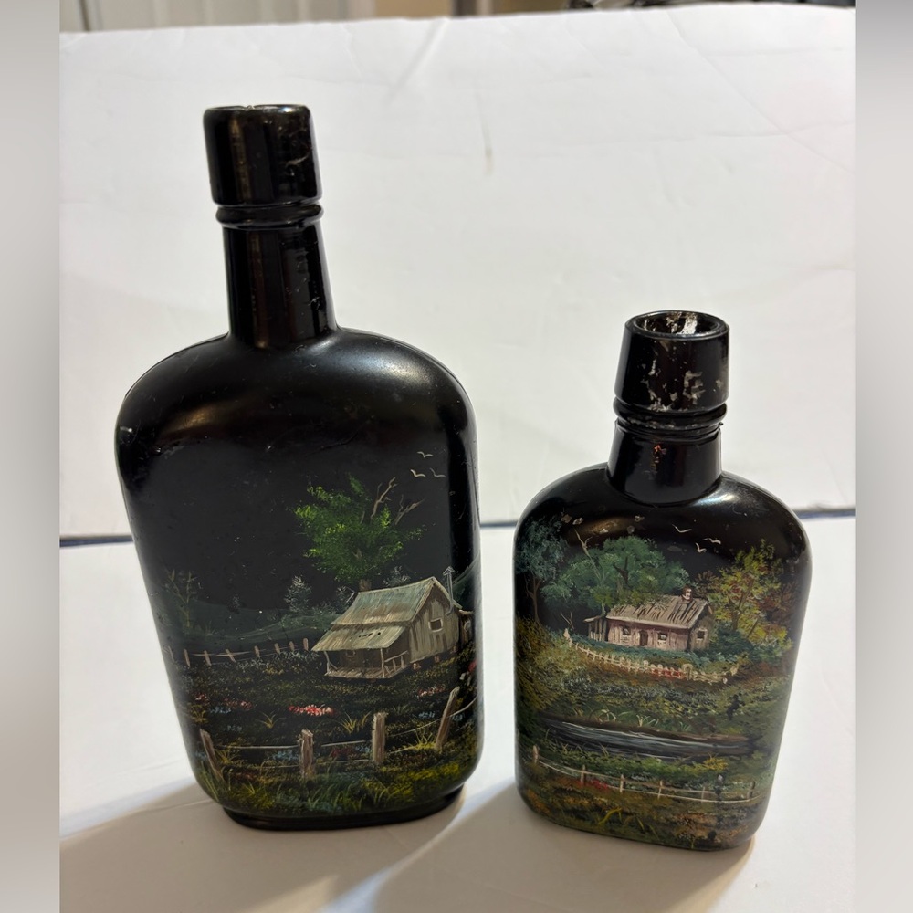 Set of 2 Hand Painted Whiskey Bottles Signed by Artist